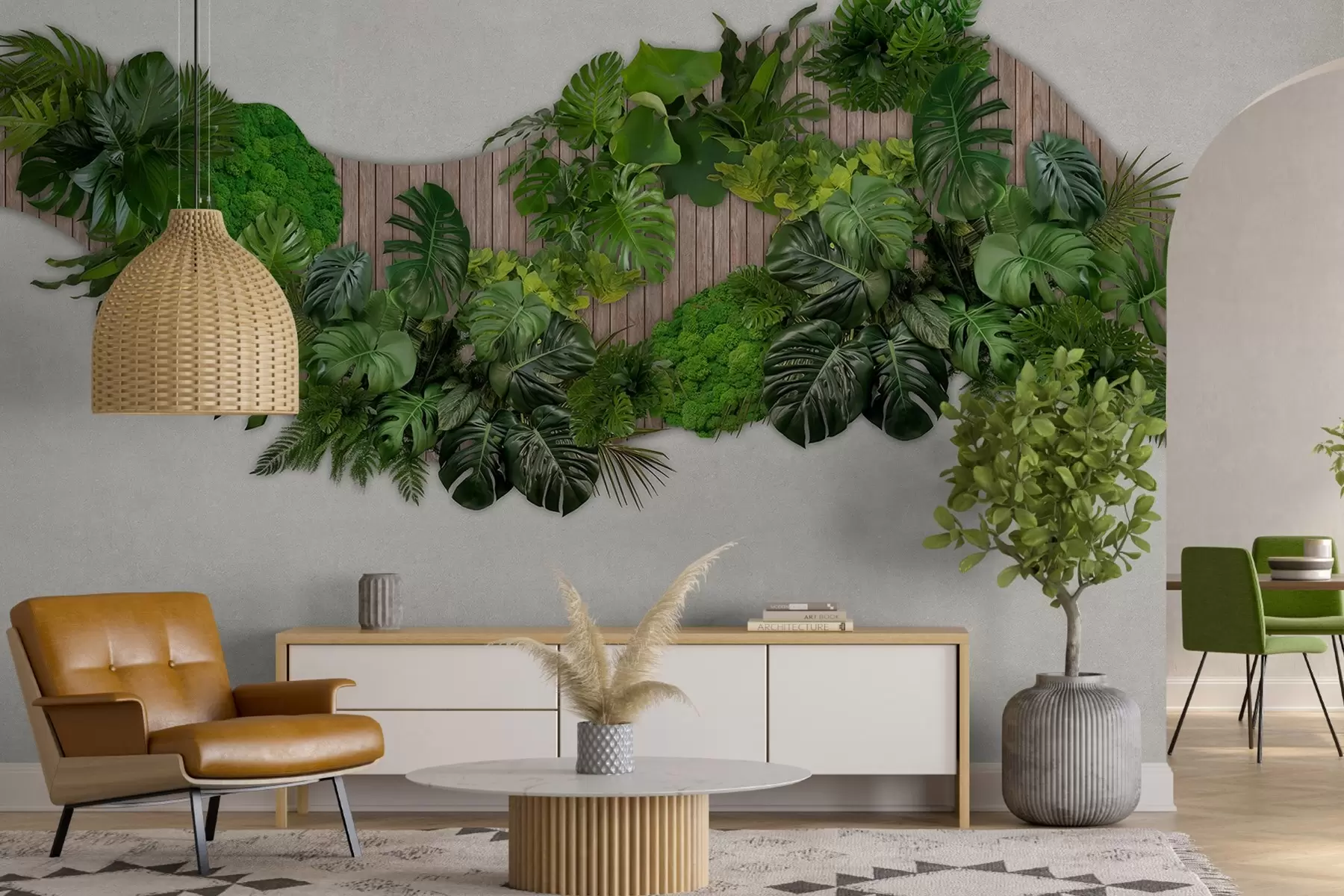 Fototapet Blommig panel med palmblad, mossa och träbakgrund w02717