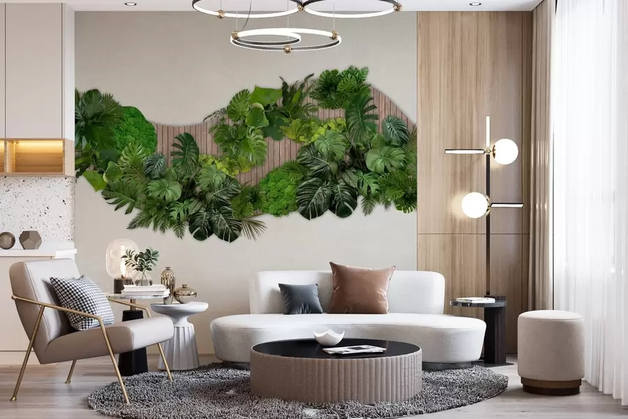 Fototapet Blommig panel med palmblad, mossa och träbakgrund w02717