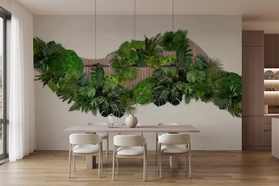 Fototapet Blommig panel med palmblad, mossa och träbakgrund w02717