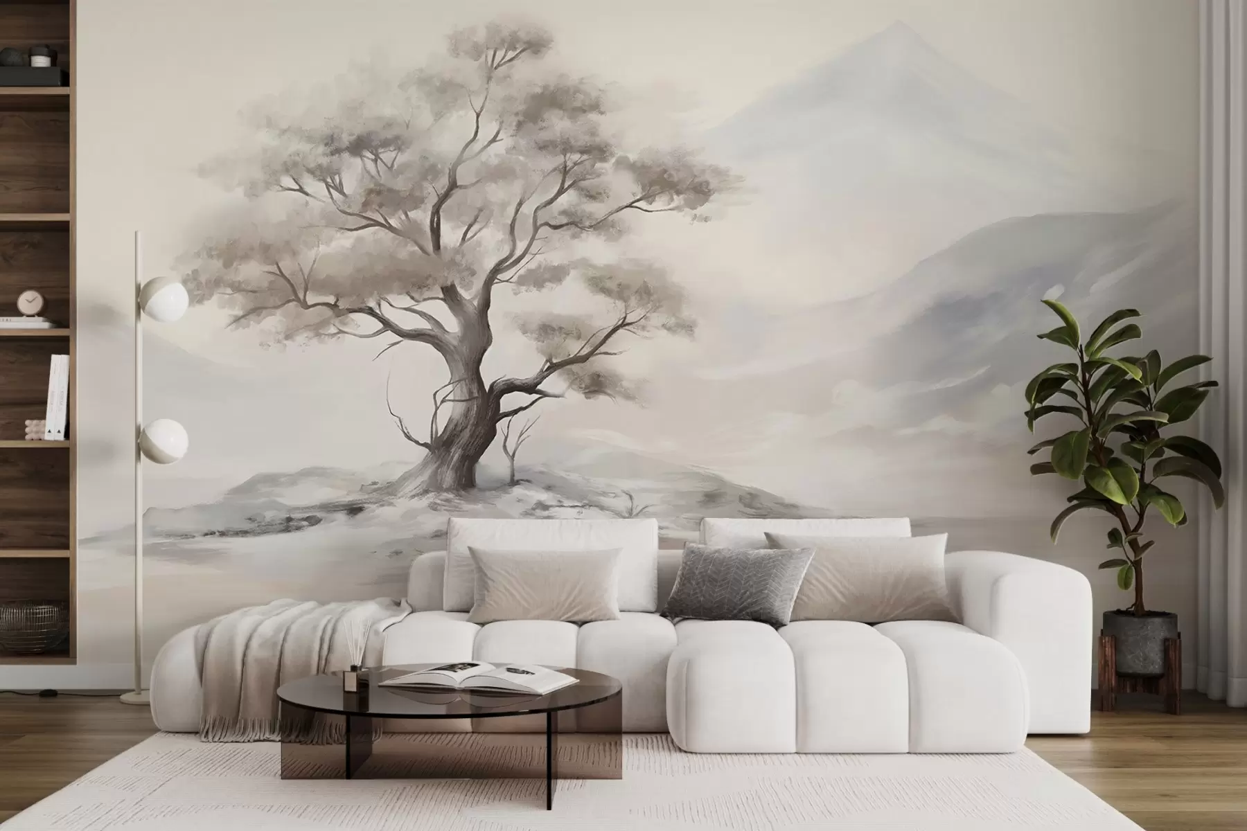 Fototapet En minimalistisk teckning av ett ensamt, vridet träd i ett ödsligt, stenigt landskap med berg i bakgrunden  w08604