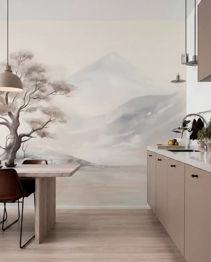 Fototapet En minimalistisk teckning av ett ensamt, vridet träd i ett ödsligt, stenigt landskap med berg i bakgrunden  w08604