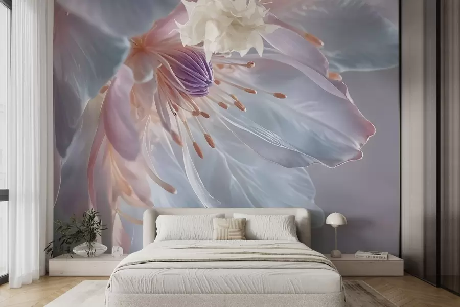 Fototapet En närbild av en delikat, pastellfärgad blomma med mjuka, genomskinliga kronblad och ett livfullt centrum w08605