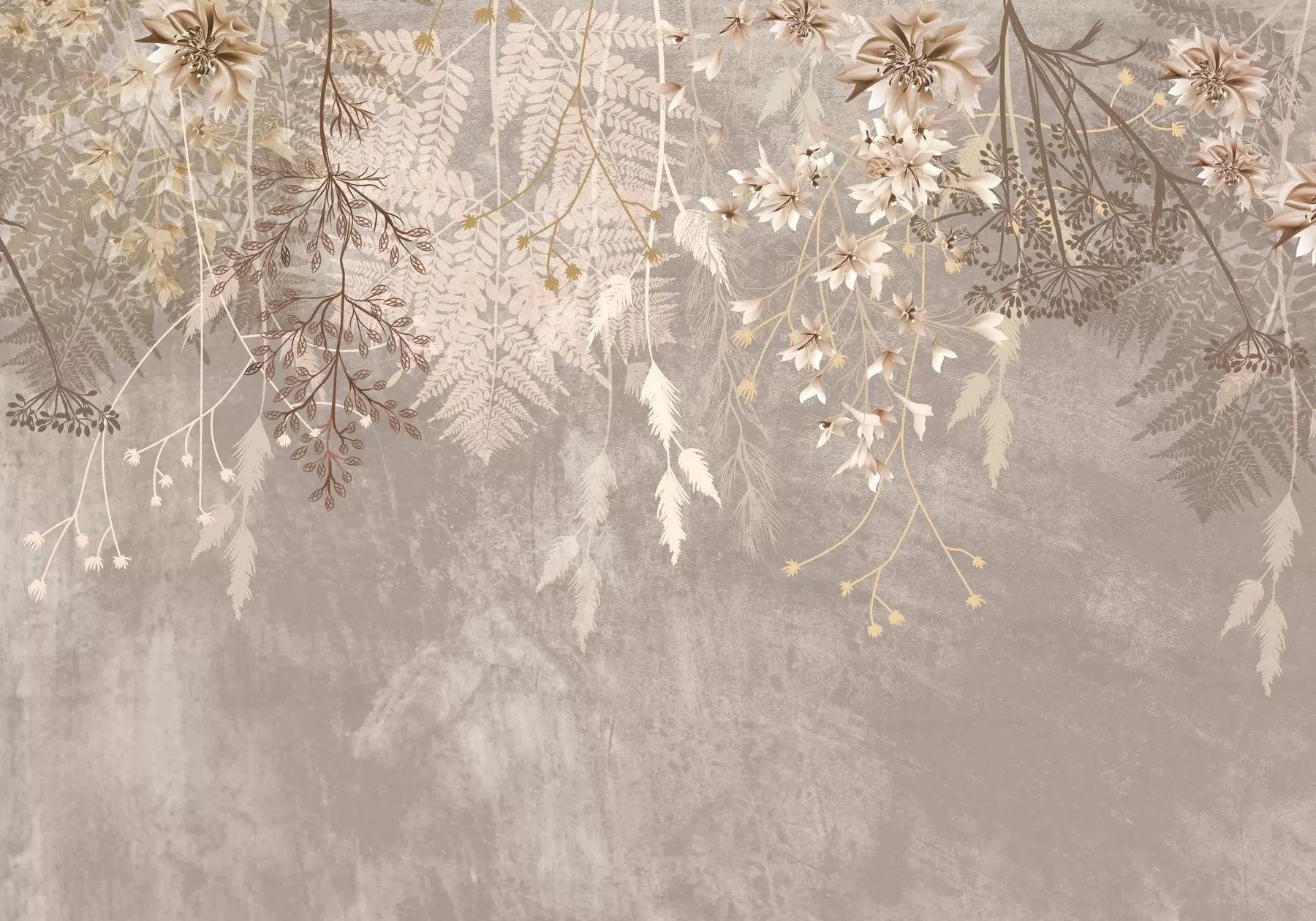 Fototapet En drömsk, skir, spretig växt, spikelets och blommor i bruna pastellfärger mot en dimmig, texturerad bakgrund w08606v1