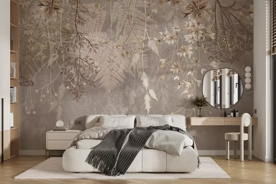 Fototapet En drömsk, skir, spretig växt, spikelets och blommor i bruna pastellfärger mot en dimmig, texturerad bakgrund w08606v1