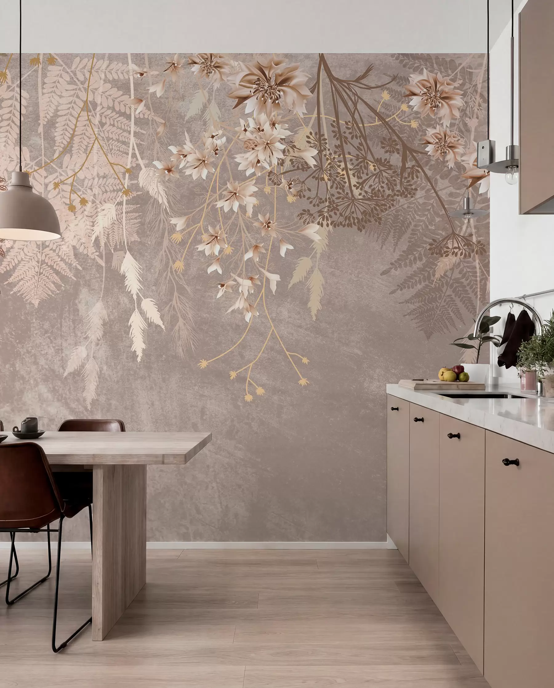 Fototapet En drömsk, skir, spretig växt, spikelets och blommor i bruna pastellfärger mot en dimmig, texturerad bakgrund w08606v1