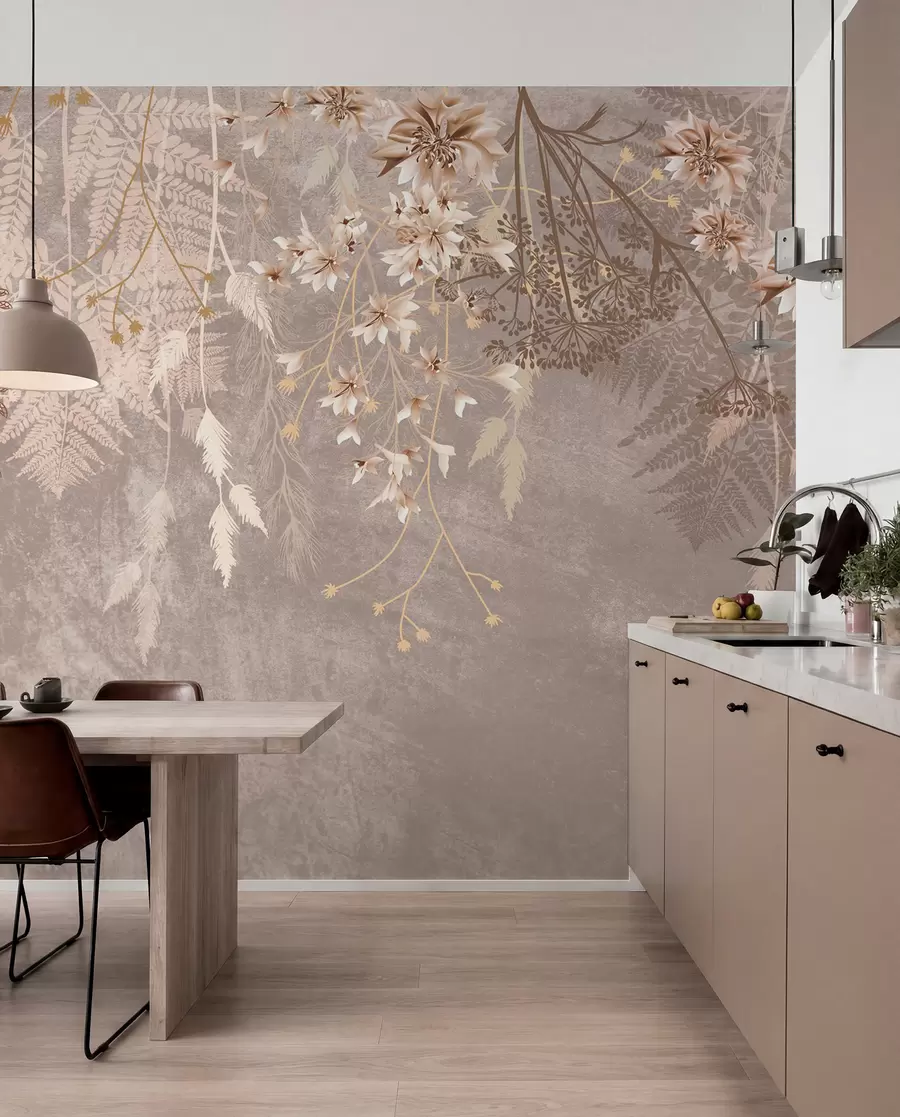Fototapet En drömsk, skir, spretig växt, spikelets och blommor i bruna pastellfärger mot en dimmig, texturerad bakgrund w08606v1