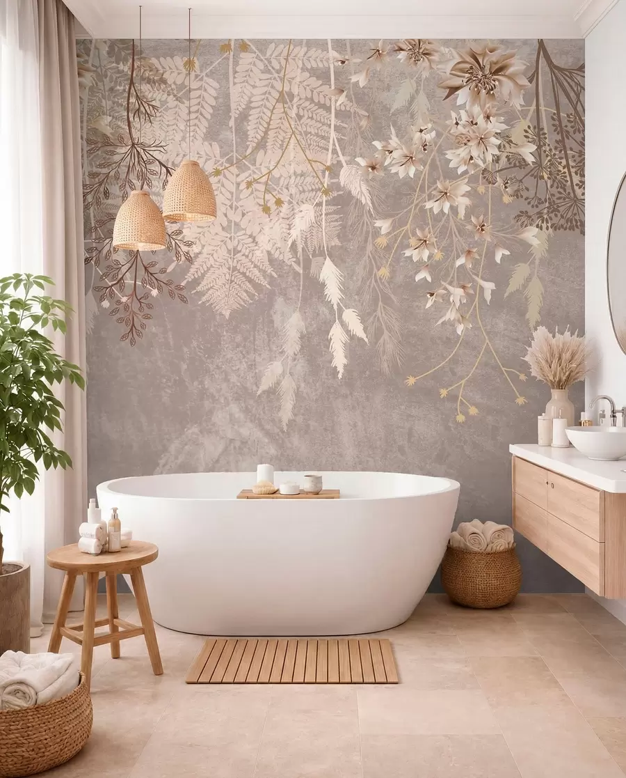 Fototapet En drömsk, skir, spretig växt, spikelets och blommor i bruna pastellfärger mot en dimmig, texturerad bakgrund w08606v1