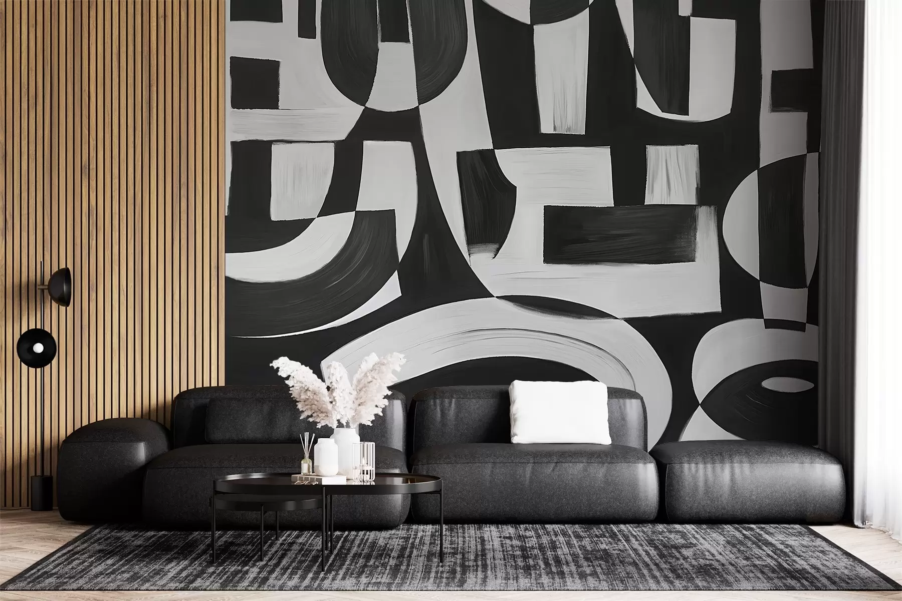Fototapet Abstrakta svartvita geometriska former och mönster som skapar en visuellt slående och dynamisk komposition w08608