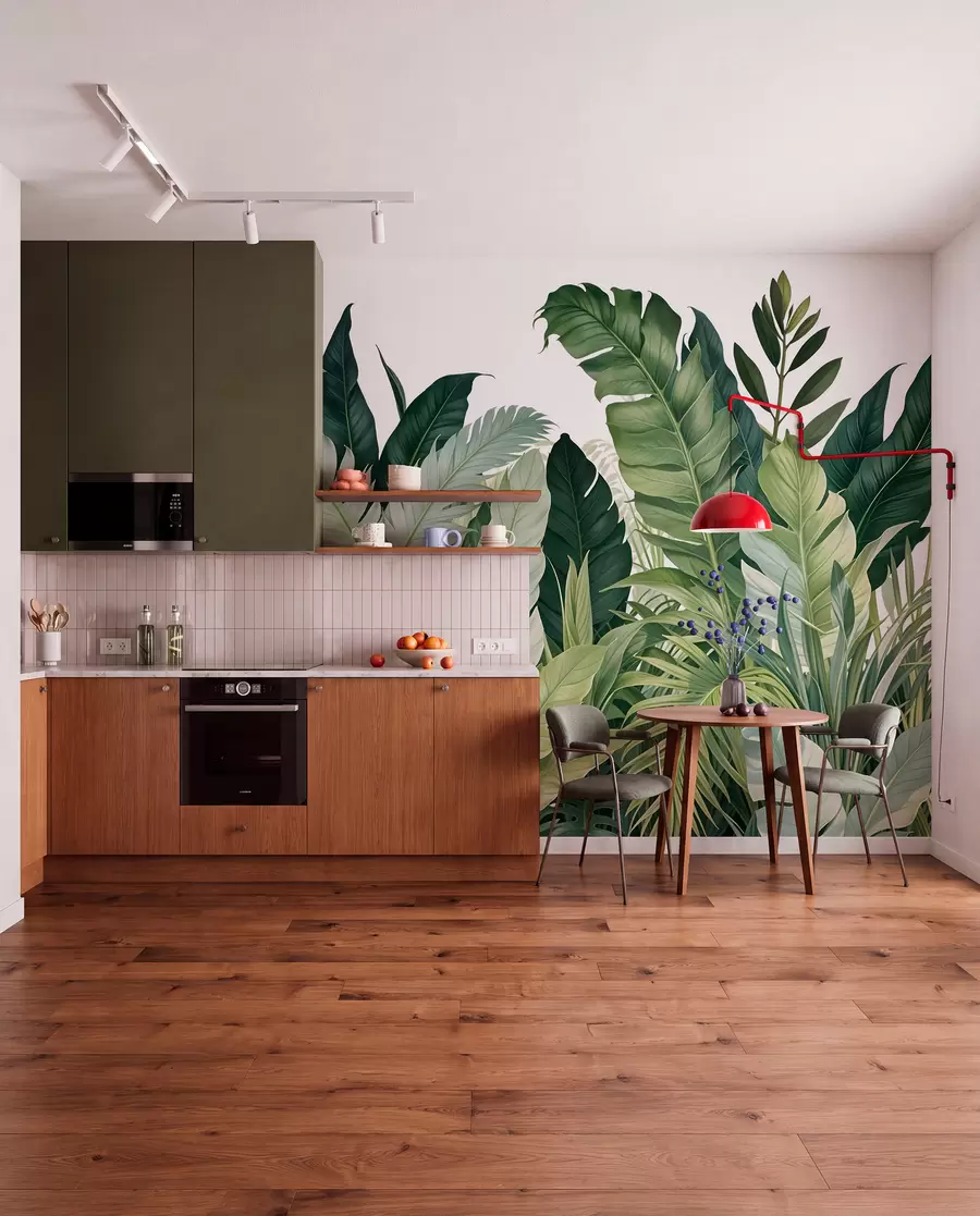 Fototapet Tropiskt bladverk med olika stora gröna blad, inklusive bananblad, palmblad och andra exotiska växtarter w08609