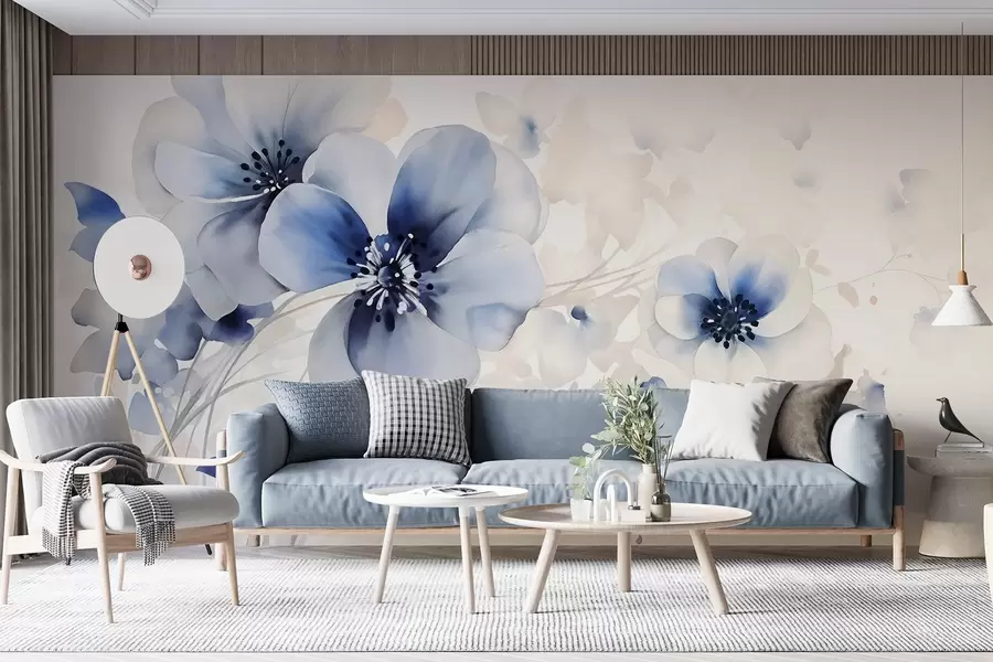 Fototapet Delikata akvarellliknande blå och vita blommor med mjuka kronblad och suddig bakgrund w08610