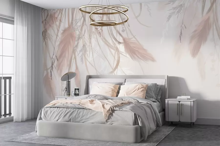 Fototapet Mjukt, tunt pampasgräs och spikelets i nyanser av beige och rosa mot en ljus bakgrund w08611