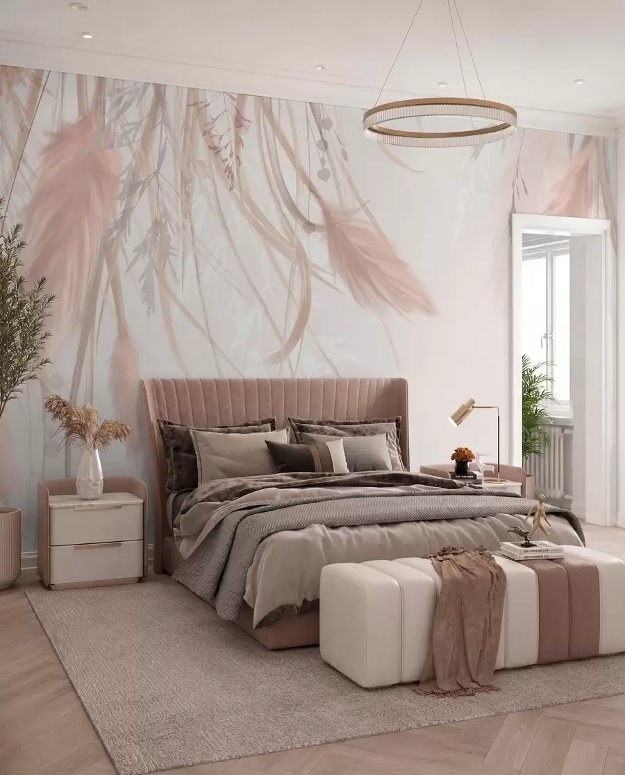 Fototapet Mjukt, tunt pampasgräs och spikelets i nyanser av beige och rosa mot en ljus bakgrund w08611