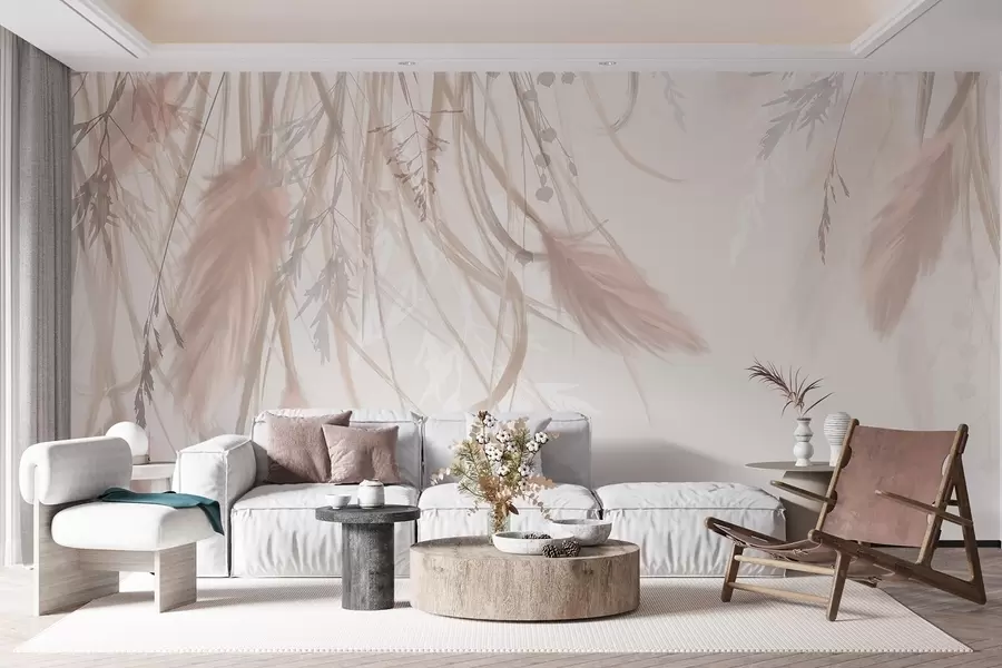 Fototapet Mjukt, tunt pampasgräs och spikelets i nyanser av beige och rosa mot en ljus bakgrund w08611