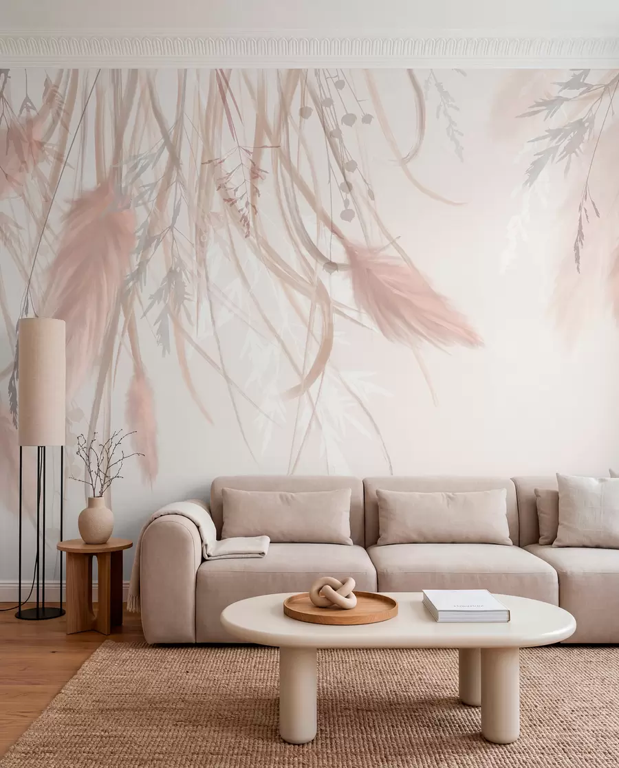 Fototapet Mjukt, tunt pampasgräs och spikelets i nyanser av beige och rosa mot en ljus bakgrund w08611