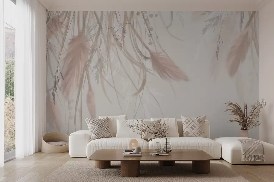 Fototapet Mjukt, tunt pampasgräs och spikelets i nyanser av beige och rosa mot en ljus bakgrund w08611