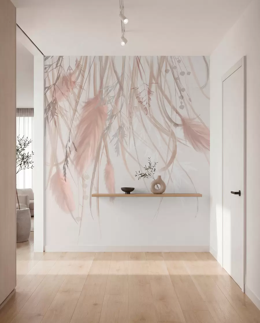 Fototapet Mjukt, tunt pampasgräs och spikelets i nyanser av beige och rosa mot en ljus bakgrund w08611