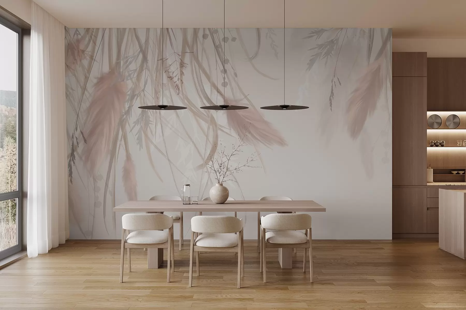 Fototapet Mjukt, tunt pampasgräs och spikelets i nyanser av beige och rosa mot en ljus bakgrund w08611