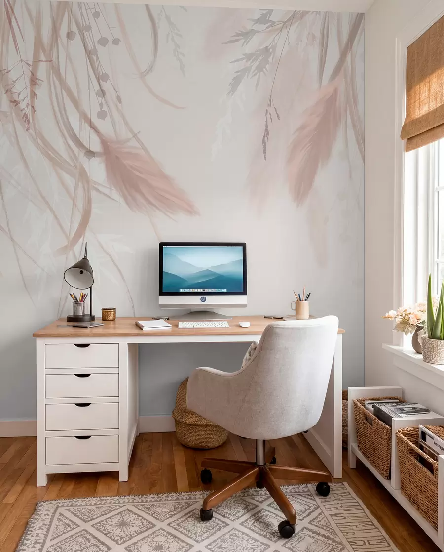 Fototapet Mjukt, tunt pampasgräs och spikelets i nyanser av beige och rosa mot en ljus bakgrund w08611