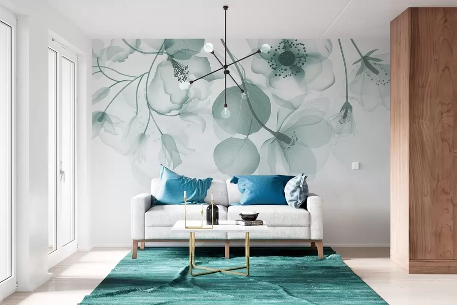 Fototapet Delikat dämpad turkos genomskinliga blommor med mjuka kronblad och mörka centra, mot en ljus bakgrund w08613v1