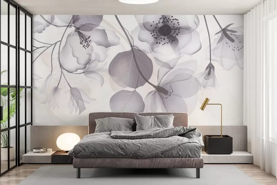 Fototapet Delikata grå och beige genomskinliga blommor med mjuka kronblad och mörka centra, mot en ljus bakgrund w08613v2