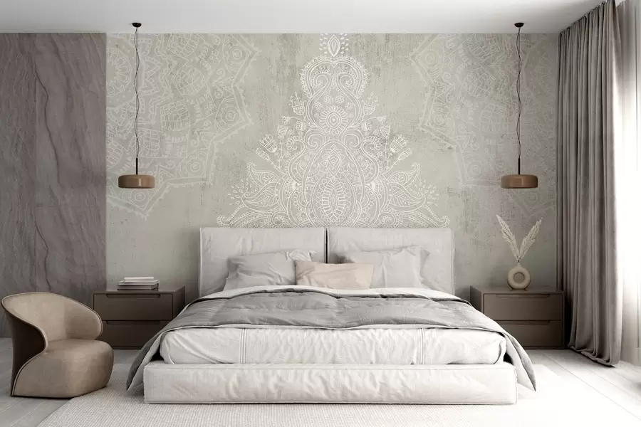 Fototapet Ett detaljerat, intrikat mandalatryck i vit spets på en ljusbeige texturerad abstrakt bakgrund w08614