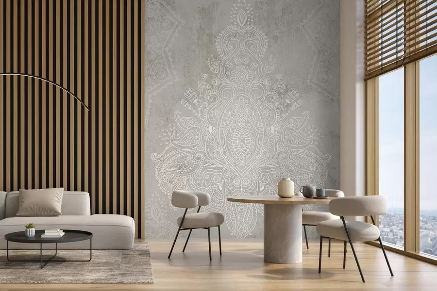 Fototapet Ett detaljerat, intrikat mandalatryck i vit spets på en ljusbeige texturerad abstrakt bakgrund w08614