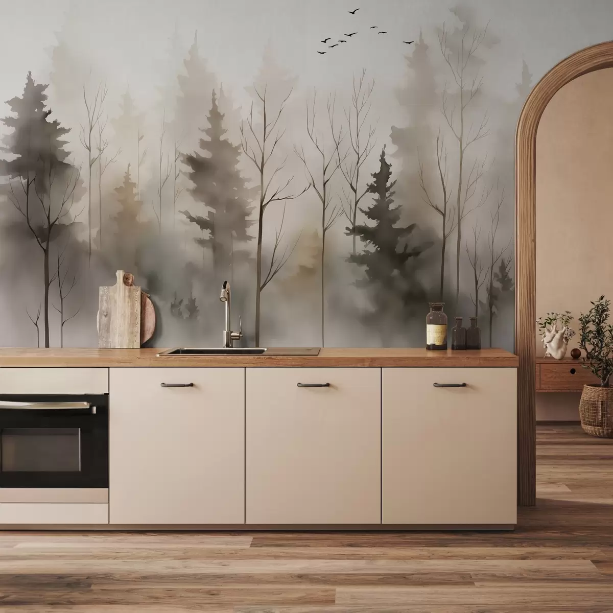 Fototapet Silhuetter av granar och träd imitation av våt akvarell w02721