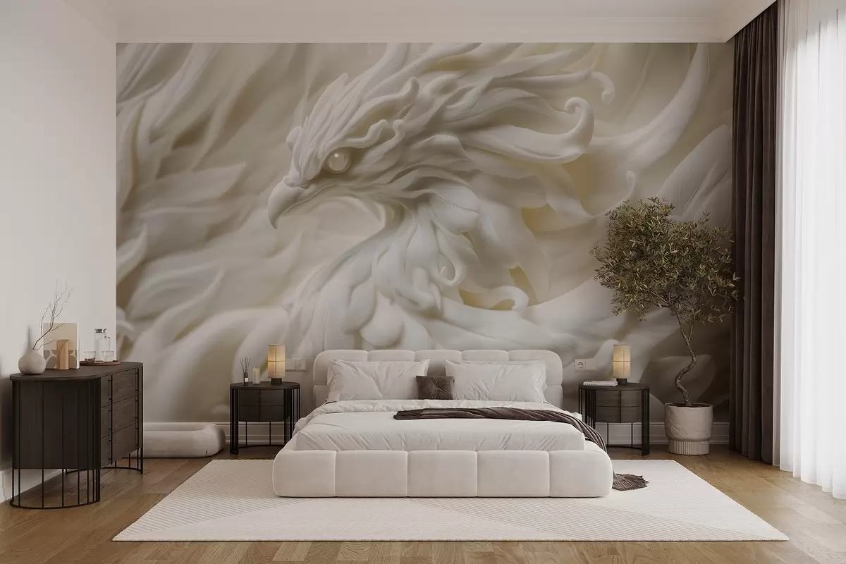 Fototapet En fågel med långa fjädrar i stucco-stil i beige toner w08629