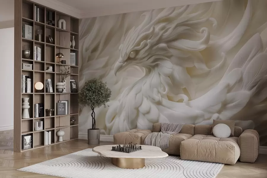 Fototapet En fågel med långa fjädrar i stucco-stil i beige toner w08629