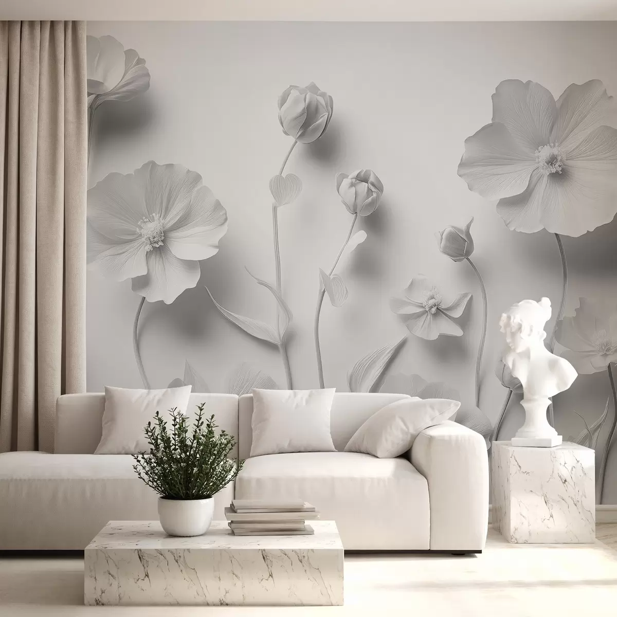 Fototapet Grå vildblommor och vallmo i stucco-stil w08630