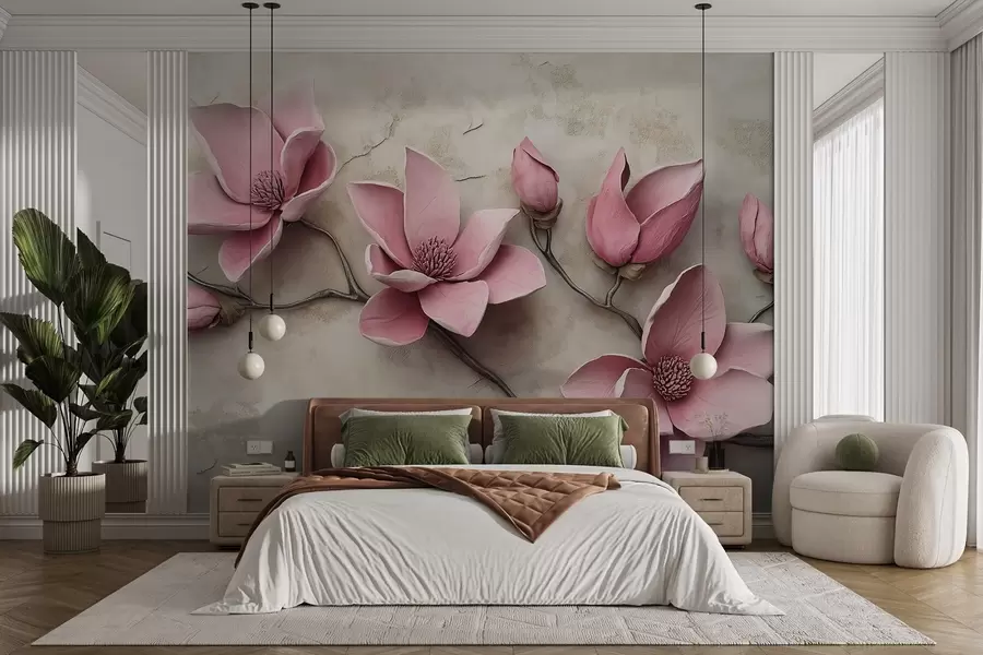 Fototapet Rosa magnolior i stucco-stil w08635