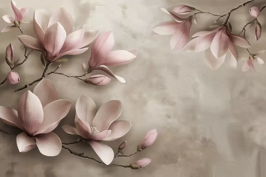 Fototapet Fina rosa magnolior på en betongvägg i sepiatoner w08636v2