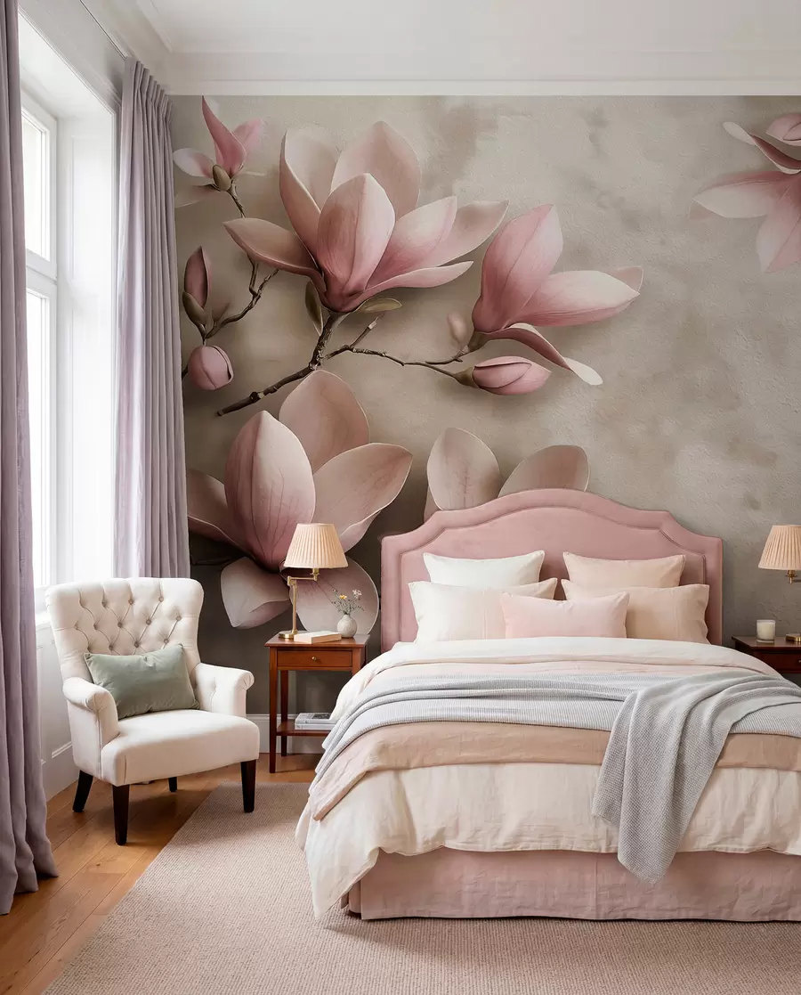 Fototapet Fina rosa magnolior på en betongvägg i sepiatoner w08636v2