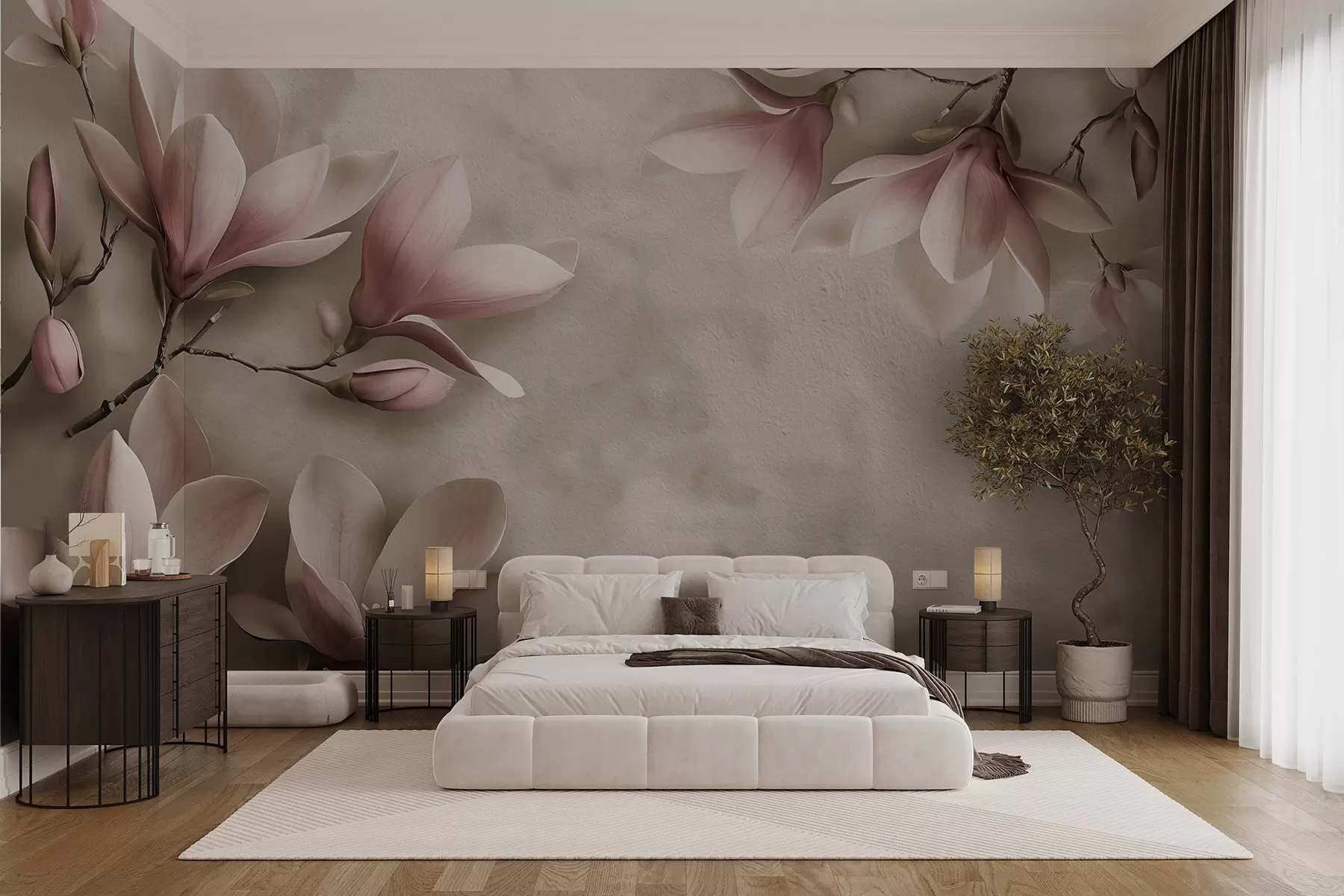Fototapet Fina rosa magnolior på en betongvägg i sepiatoner w08636v2