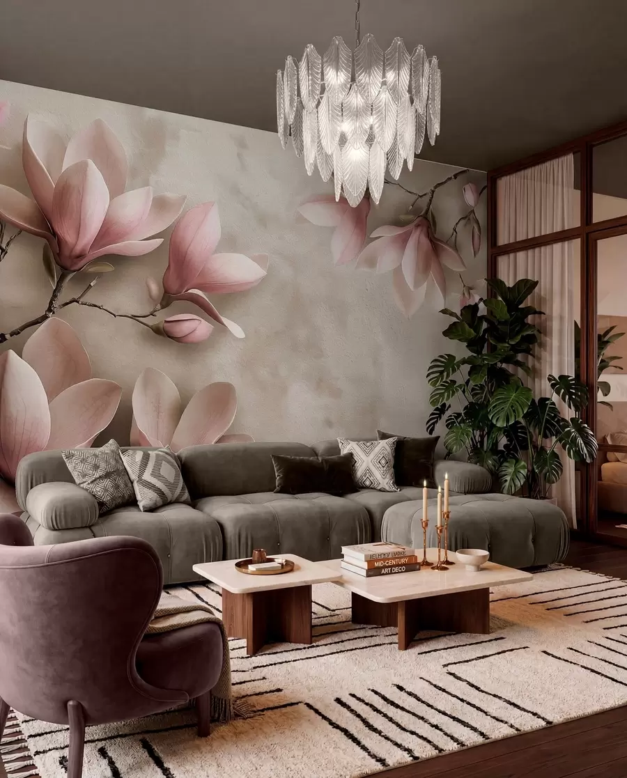Fototapet Fina rosa magnolior på en betongvägg i sepiatoner w08636v2