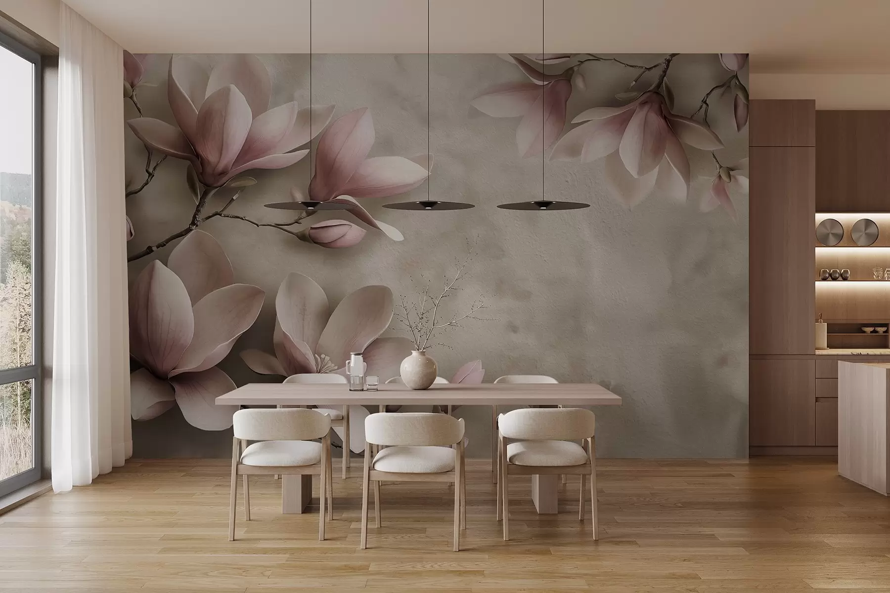 Fototapet Fina rosa magnolior på en betongvägg i sepiatoner w08636v2