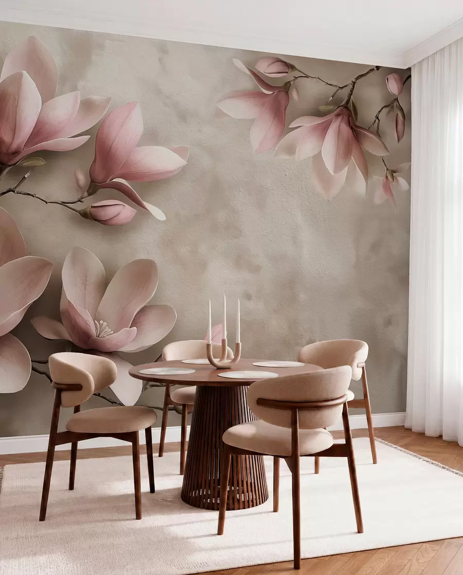 Fototapet Fina rosa magnolior på en betongvägg i sepiatoner w08636v2