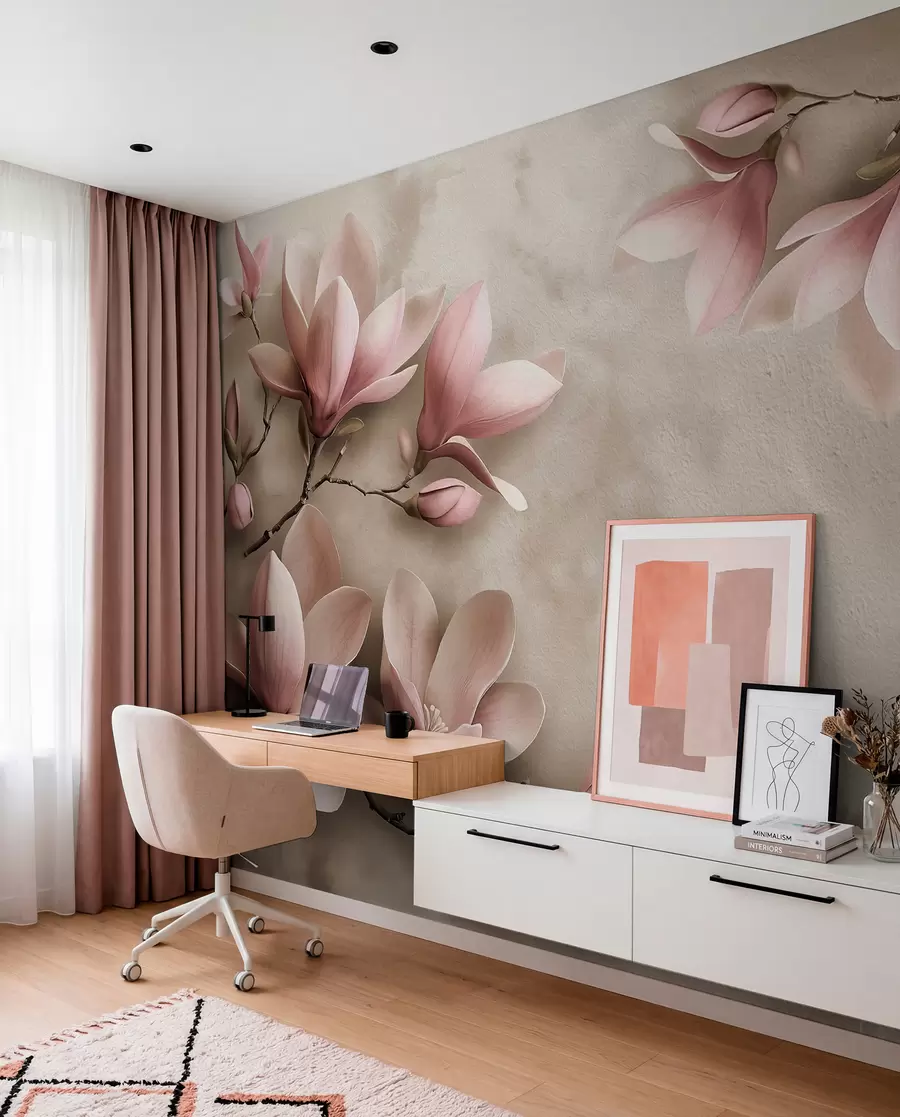 Fototapet Fina rosa magnolior på en betongvägg i sepiatoner w08636v2