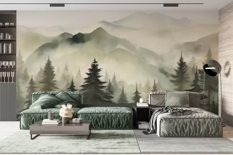 Fototapet Bergslandskap med en skog av tallar och skiktade berg under gryning med lätt dimma akvarell imitationskonst  w08639