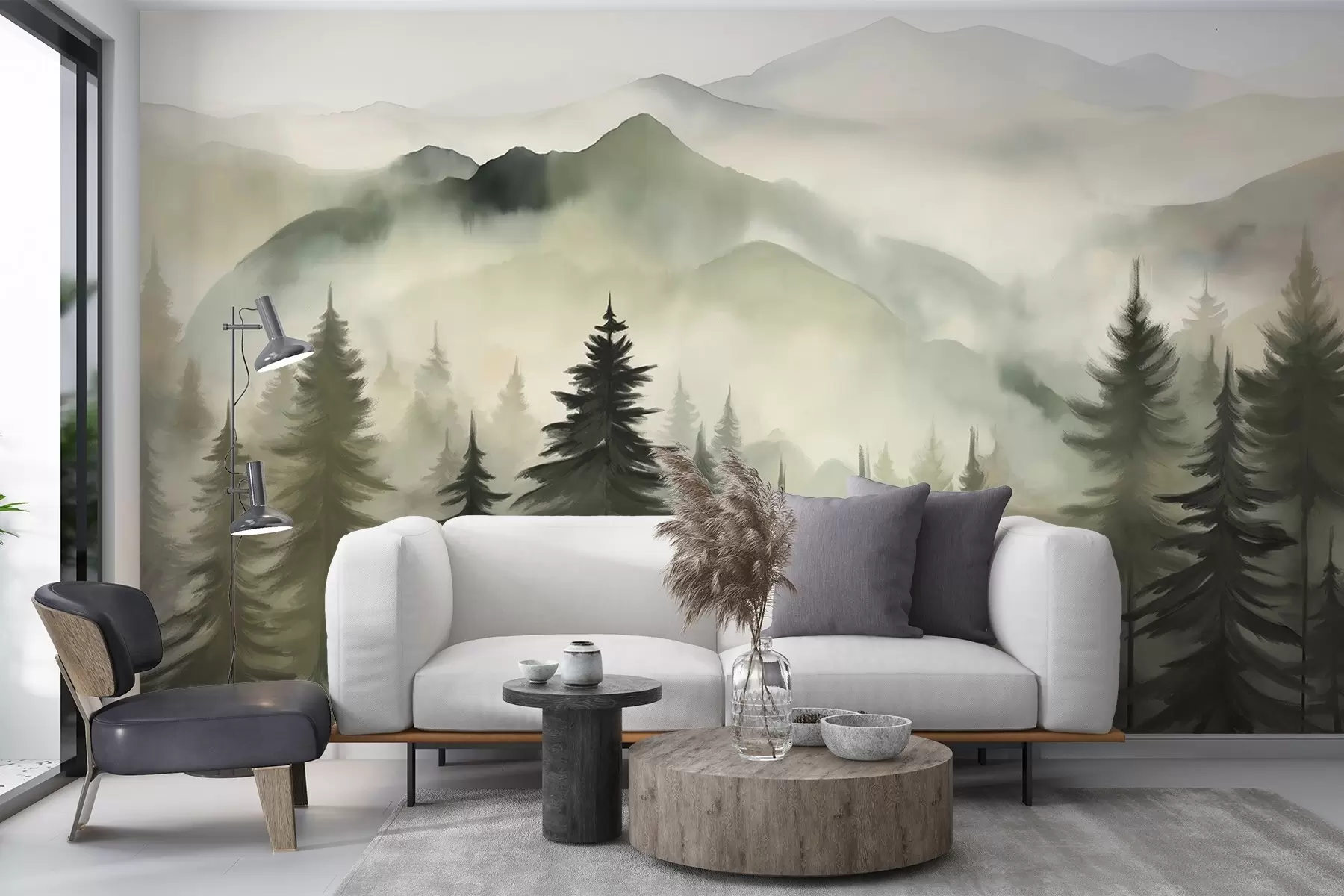 Fototapet Bergslandskap med en skog av tallar och skiktade berg under gryning med lätt dimma akvarell imitationskonst  w08639