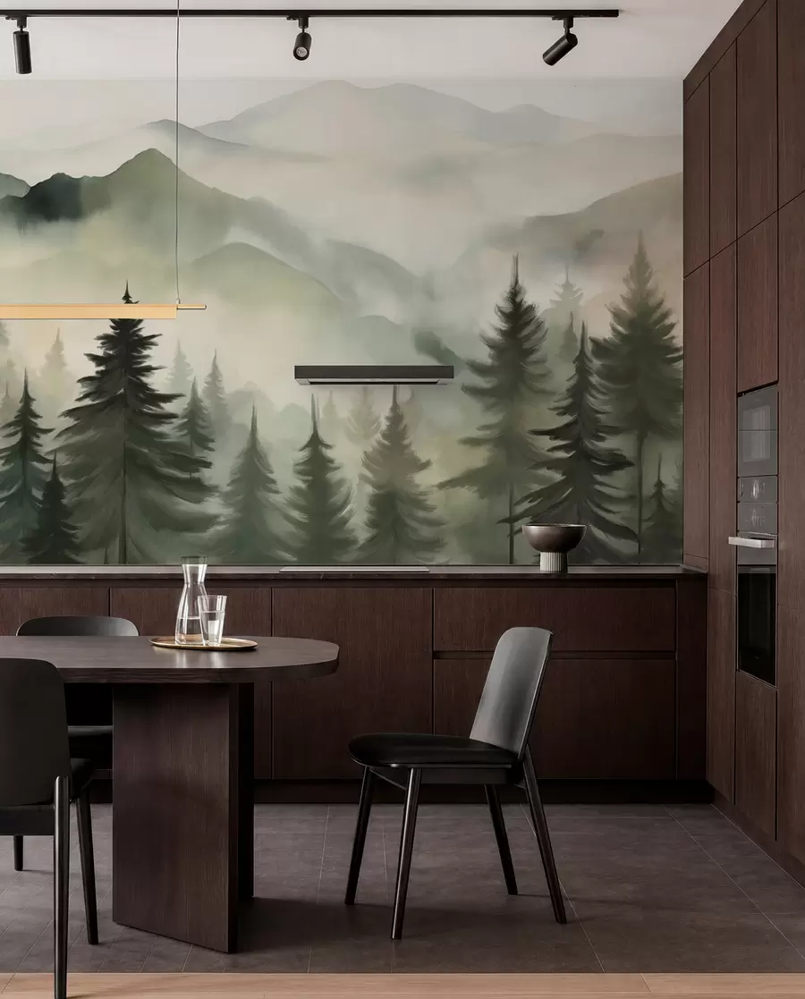 Fototapet Bergslandskap med en skog av tallar och skiktade berg under gryning med lätt dimma akvarell imitationskonst  w08639