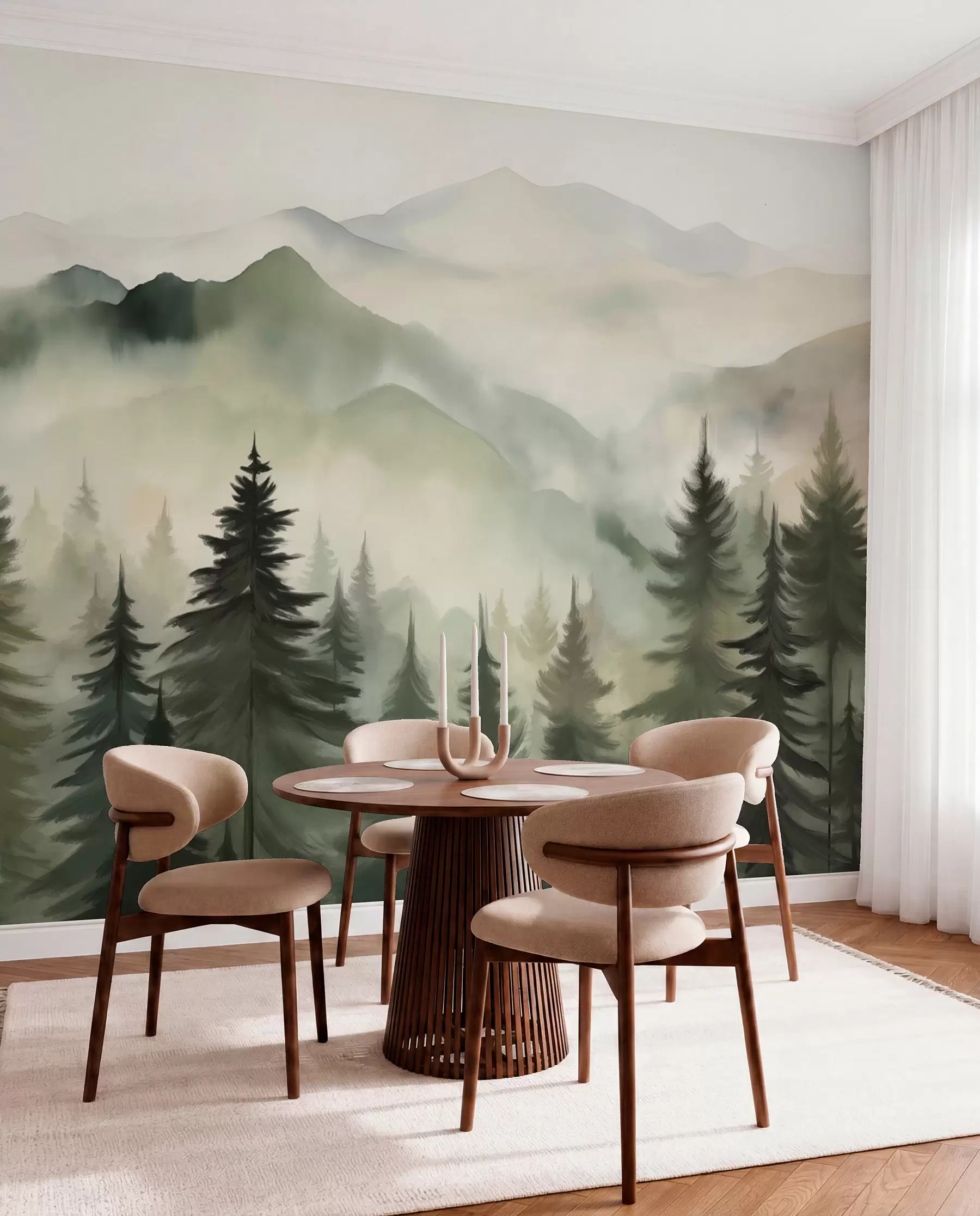 Fototapet Bergslandskap med en skog av tallar och skiktade berg under gryning med lätt dimma akvarell imitationskonst  w08639