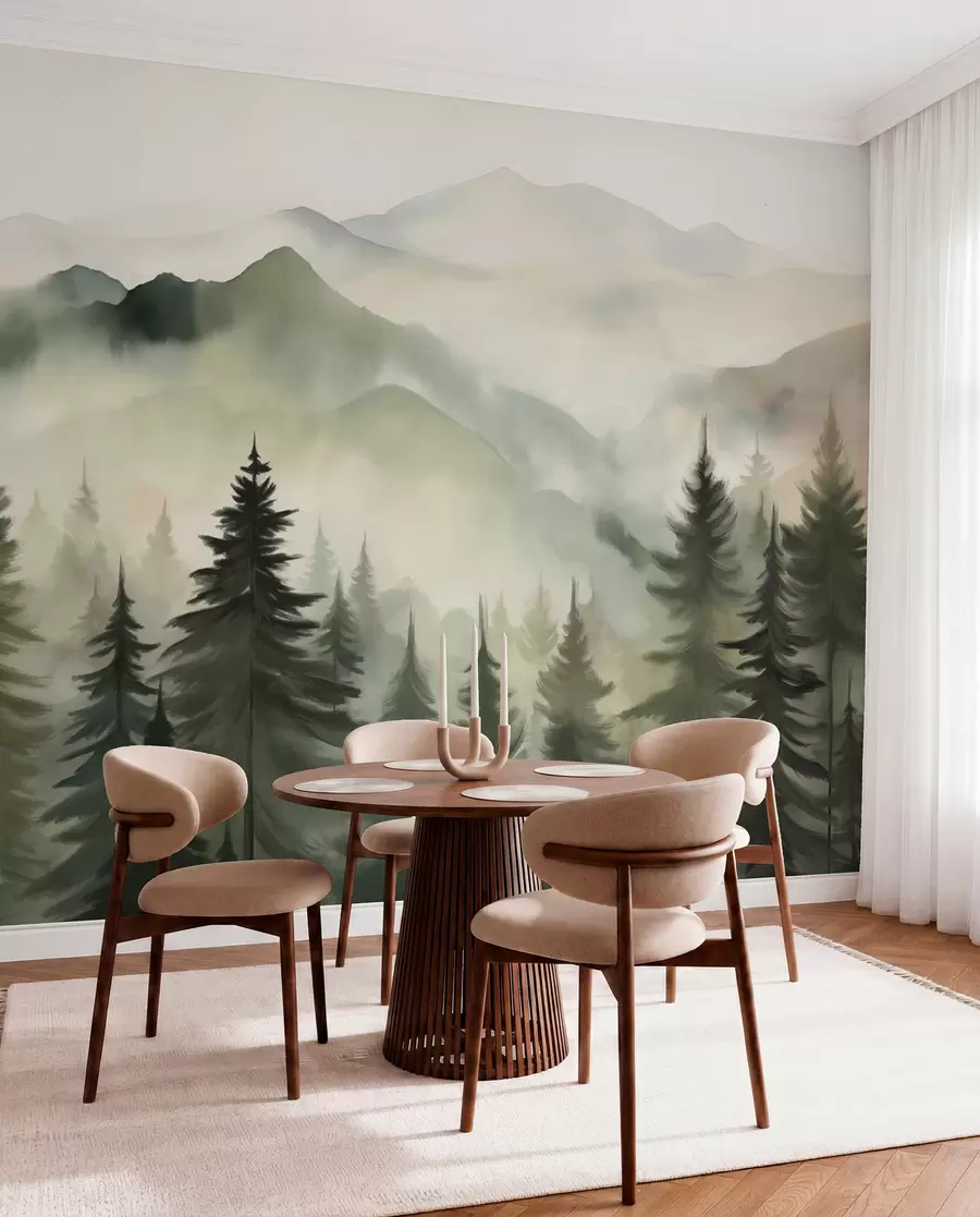 Fototapet Bergslandskap med en skog av tallar och skiktade berg under gryning med lätt dimma akvarell imitationskonst  w08639
