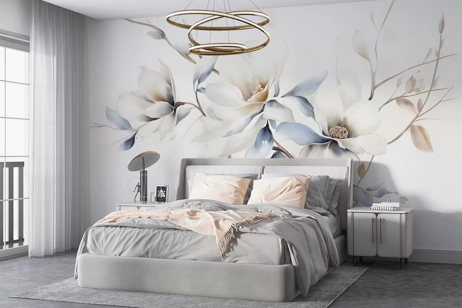 Fototapet Delikata vita magnoliablommor med mjuka blå kronblad mot en ljus bakgrund akvarellimitation minimalism  w08644