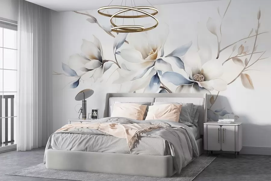 Fototapet Delikata vita magnoliablommor med mjuka blå kronblad mot en ljus bakgrund akvarellimitation minimalism  w08644