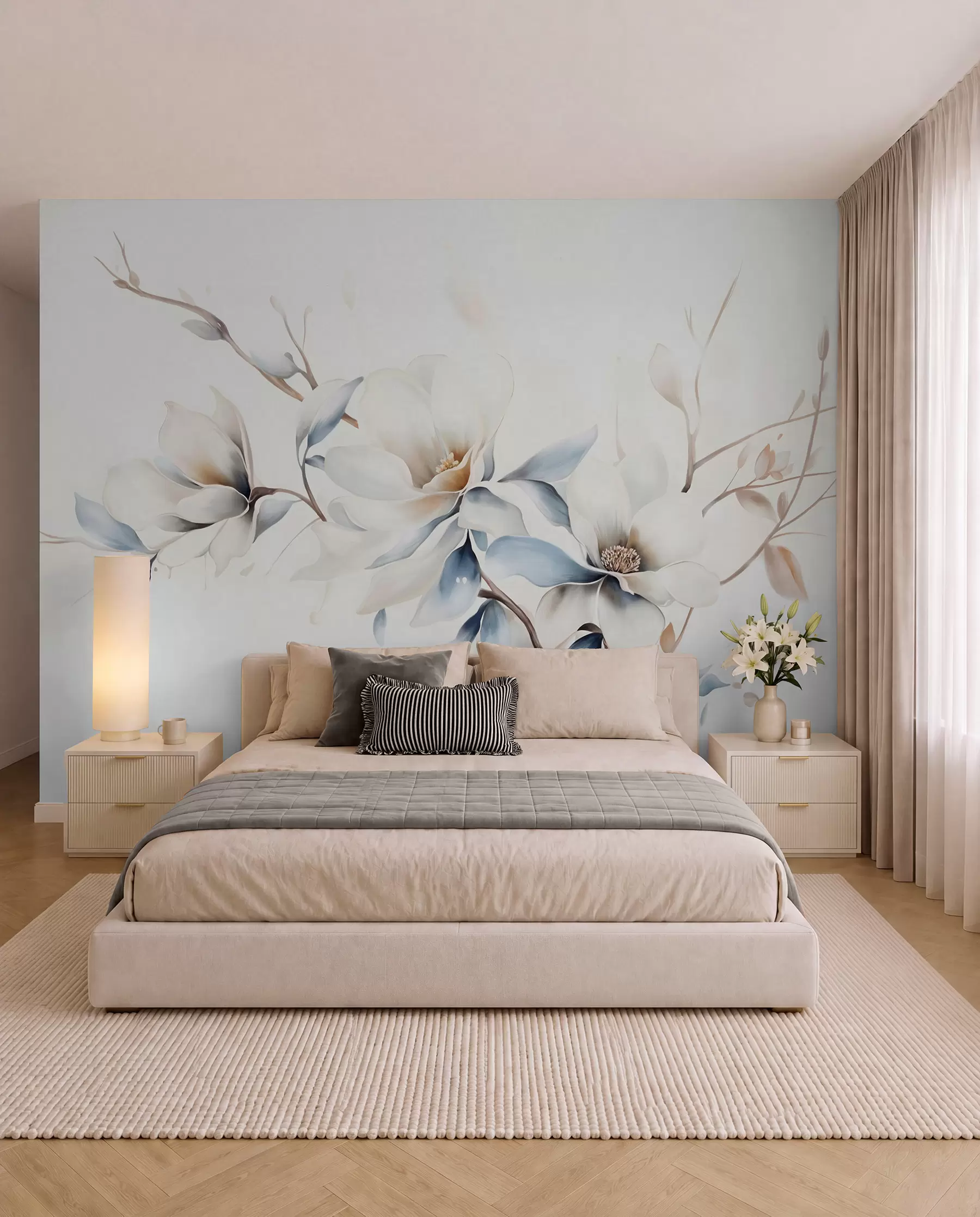Fototapet Delikata vita magnoliablommor med mjuka blå kronblad mot en ljus bakgrund akvarellimitation minimalism  w08644