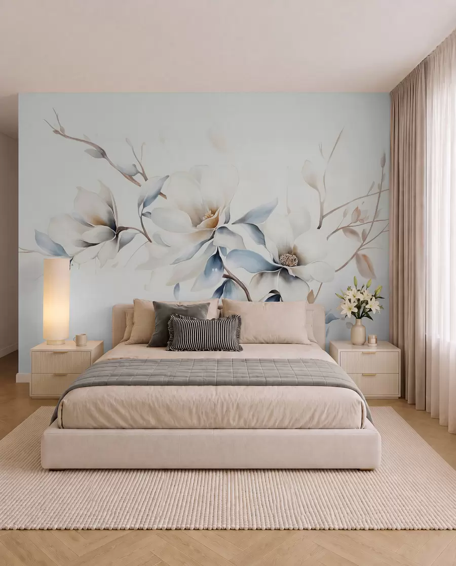 Fototapet Delikata vita magnoliablommor med mjuka blå kronblad mot en ljus bakgrund akvarellimitation minimalism  w08644