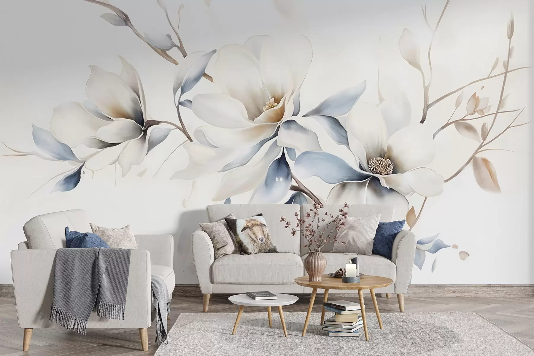 Fototapet Delikata vita magnoliablommor med mjuka blå kronblad mot en ljus bakgrund akvarellimitation minimalism  w08644