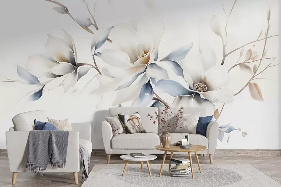 Fototapet Delikata vita magnoliablommor med mjuka blå kronblad mot en ljus bakgrund akvarellimitation minimalism  w08644
