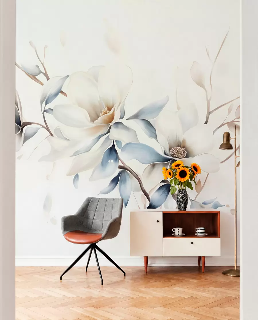 Fototapet Delikata vita magnoliablommor med mjuka blå kronblad mot en ljus bakgrund akvarellimitation minimalism  w08644